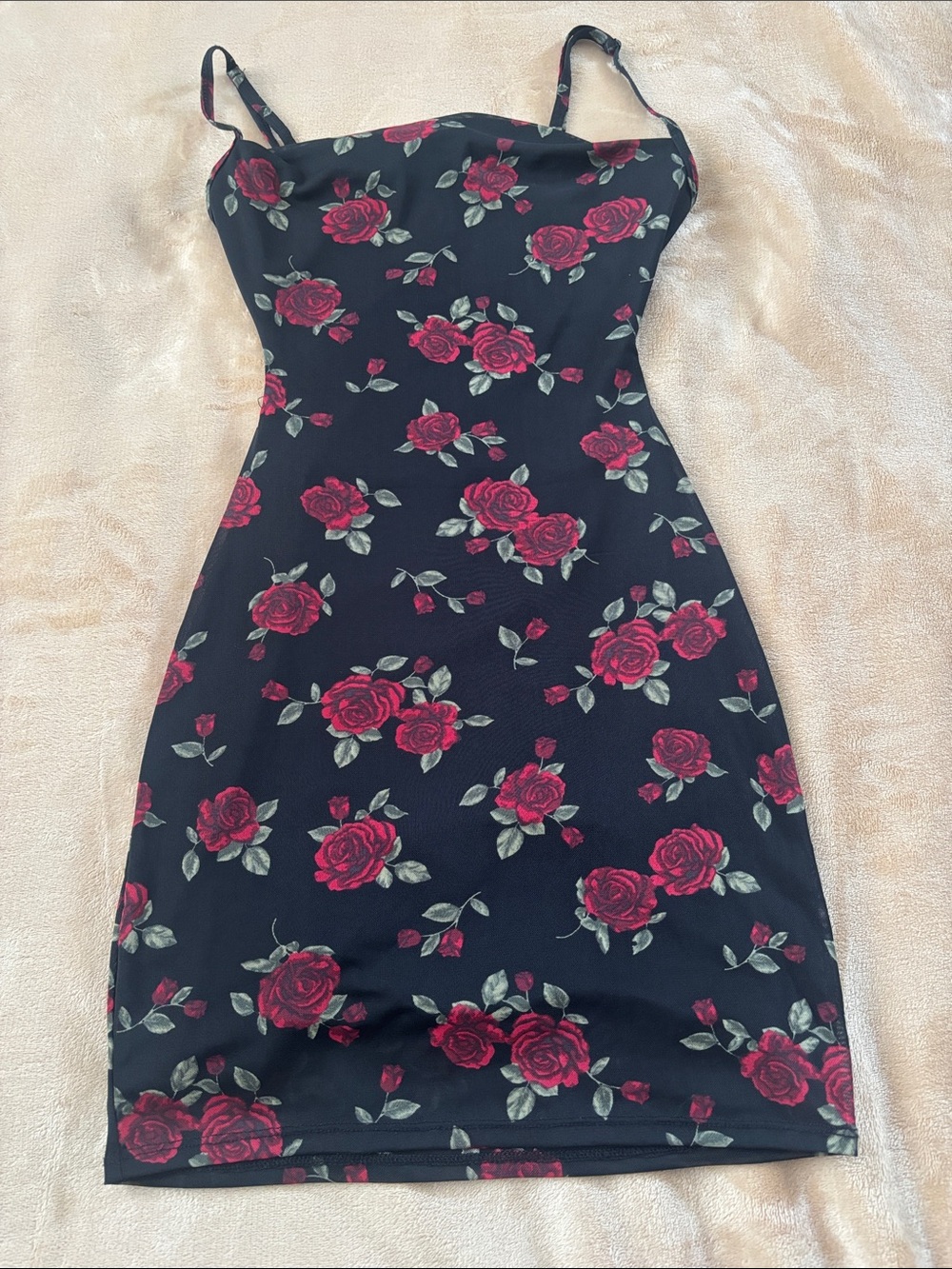 Garage Black Mini Dress with Red Rose Print